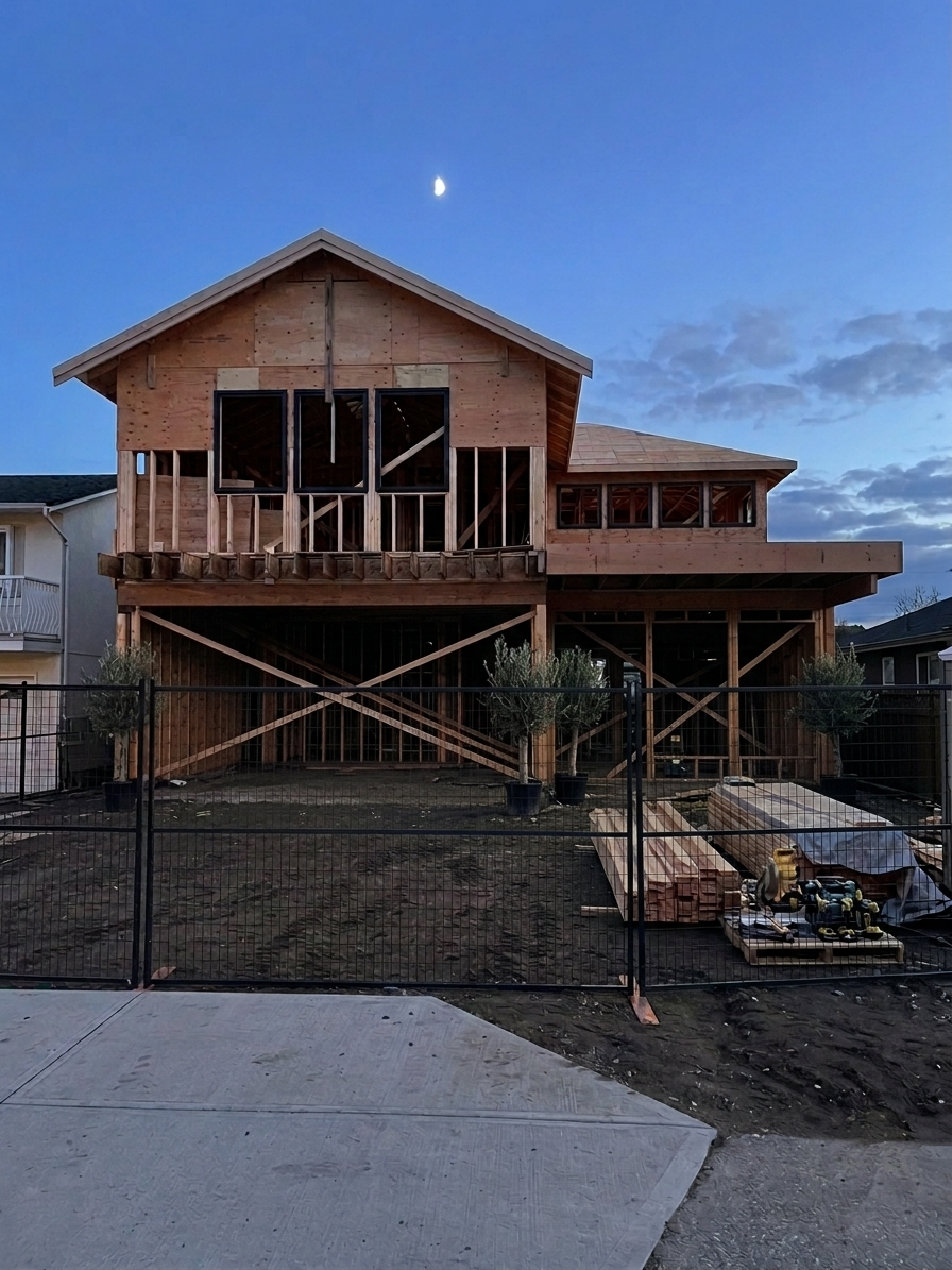The same home mid-build — two-storey timber framing and exposed studs at dusk, behind site fencing